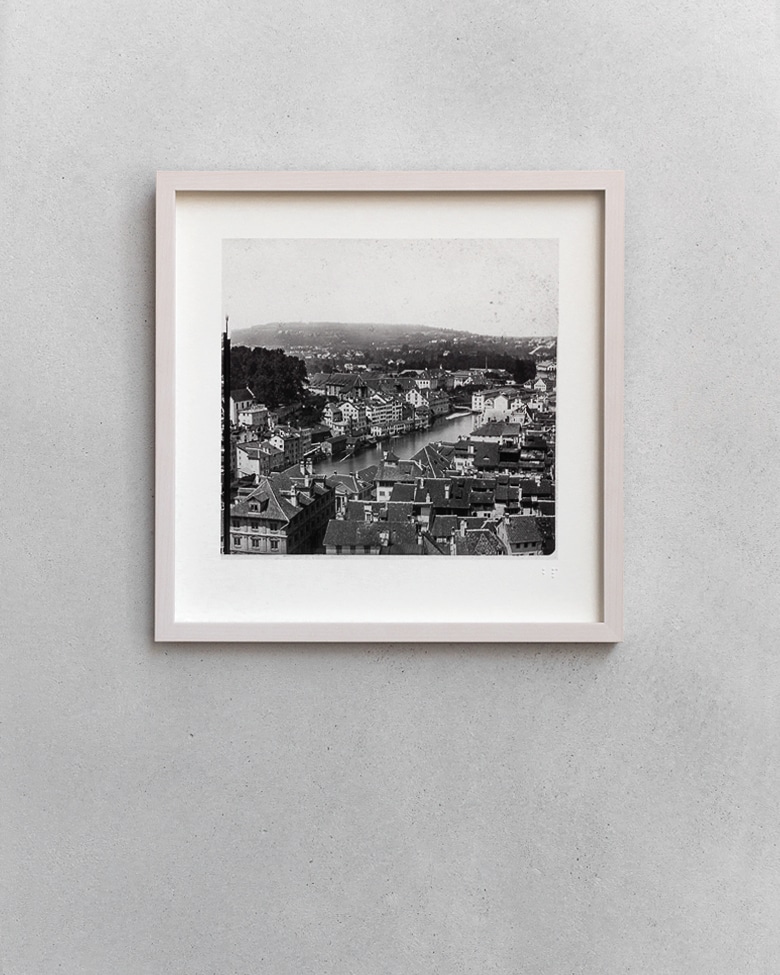 blackprint edition - karo edition Nr.013, antique stereoview photography on glass of Zurich (view from the Grossmünster to the Limmat River and the first train station in Zürich) in 1862. Photographer: Ferrier Soulier