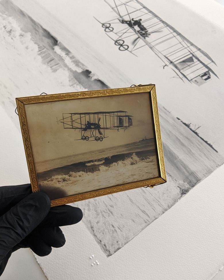 blackprint edition - original antique glass plate with Henry Farman biplane HF-II ca.1909, Limited edition numbered with frame